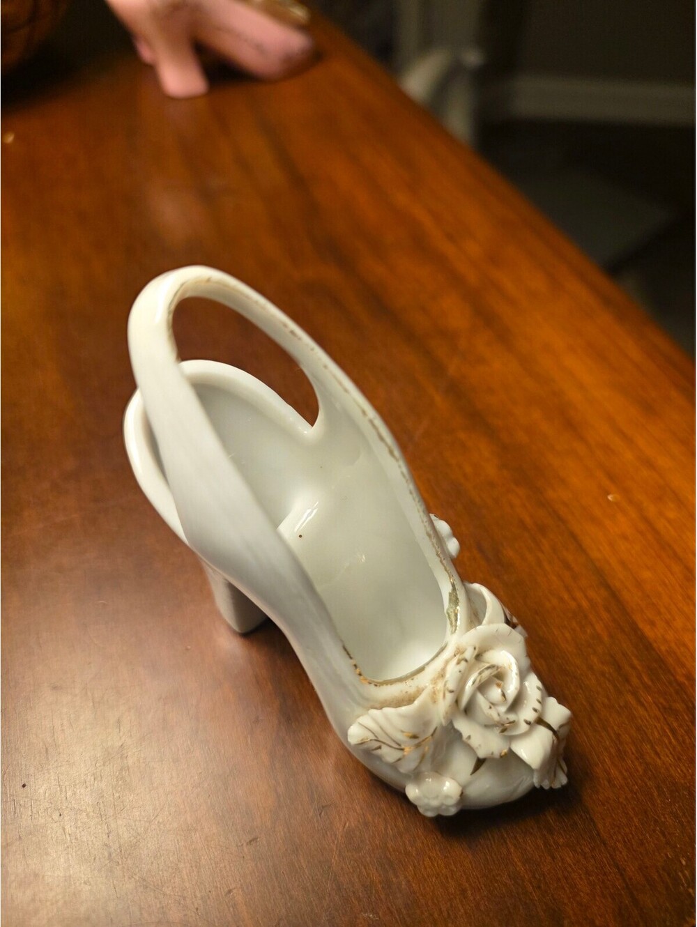 Vintage White Ceramic High Heel Shoe Figurine with Floral Detailing 1940